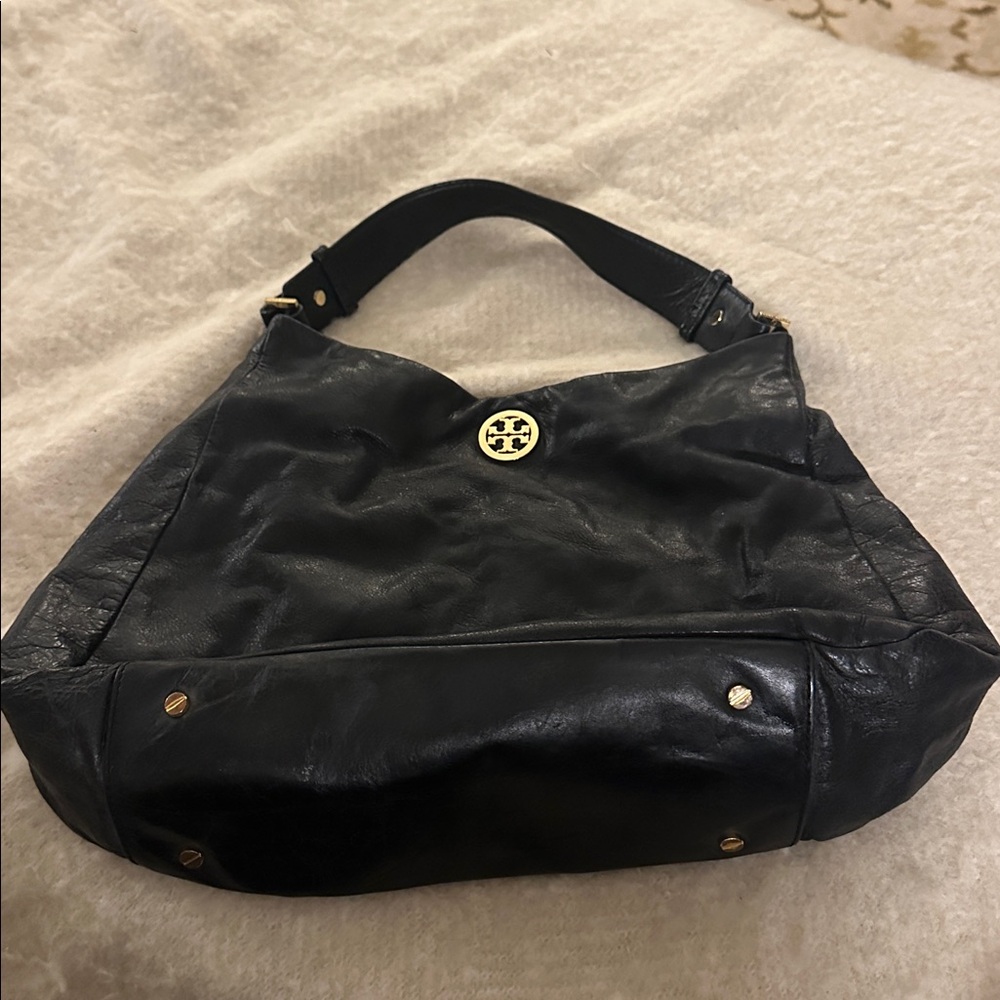 Tory Burch Black Leather Hobo Bag with Gold Accents